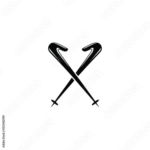 Two Black Ski Poles Crossed Illustration Against White Background For Winter Sport