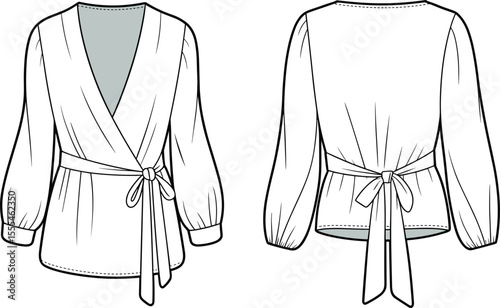 
CAD drawing flat vector illustration of women’s wrap top blouse with tie waist, balloon sleeves, fashion sketch front and back view