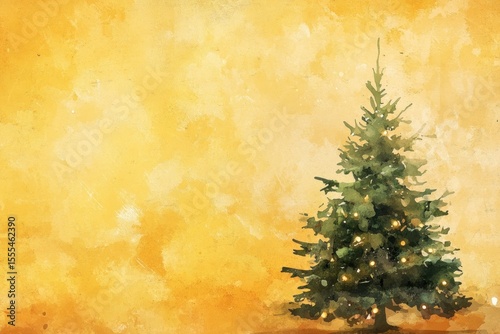 Watercolor Christmas tree against a warm, textured gold background