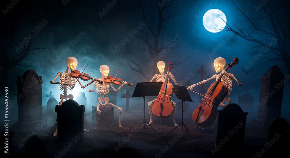 Fototapeta premium Skeleton Orchestra Performing in a Graveyard with Glowing Instruments and Foggy Lighting
