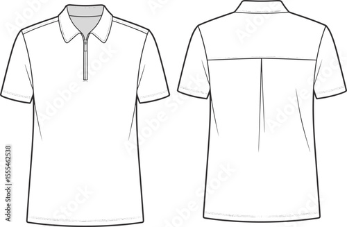CAD drawing flat vector illustration of men’s zipper polo shirt with short sleeves, shoulder panel, and back pleat design template