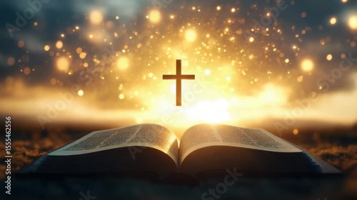 Open book with glowing cross above warm light and bokeh background creating peaceful spiritual atmosphere filled with faith hope and religious scripture glowing light