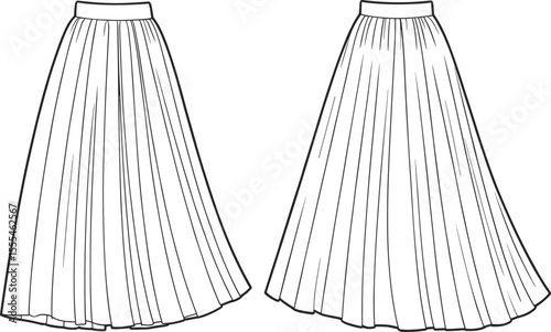 CAD drawing flat vector illustration of elegant long pleated skirt with waistband, technical front and back fashion design sketch