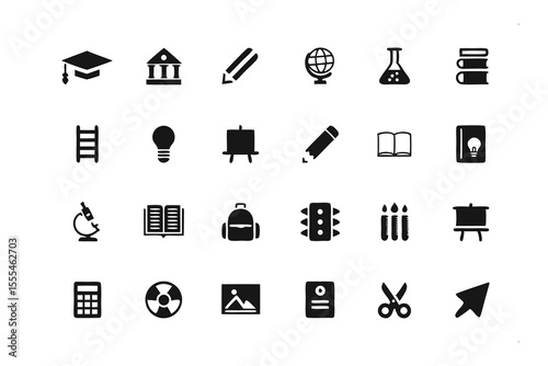 Education Icon Set: A comprehensive set of essential education icons, perfectly suited for educational websites, presentations, or any project needing visually engaging educational elements.