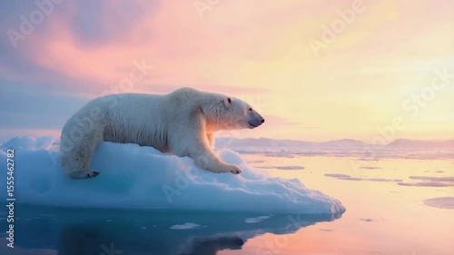 A polar bear rests on a small iceberg under a colorful sky at sunset in the arctic ocean video