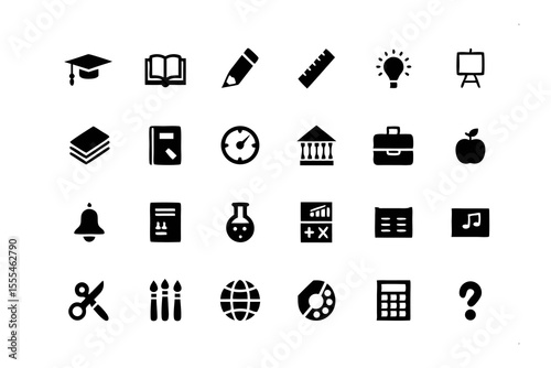 Education Icon Set: A diverse and comprehensive set of educational icons, depicting essential learning elements for educational resources, symbolizing various facets of education.