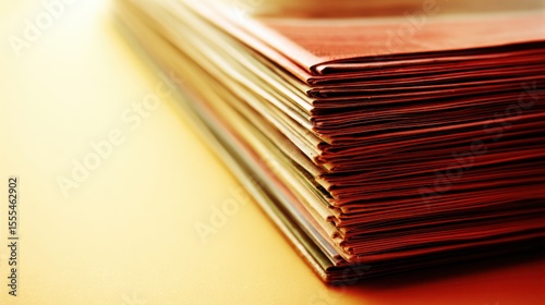 Neatly stacked pile of newspapers with vibrant red, brown, and beige edges against a warm-toned gradient background, shallow depth of field highlighting texture and layers. photo