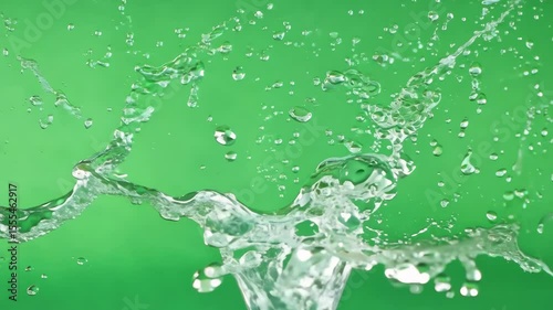 Clear water splash, dynamic liquid movement, with droplets on green screen background, chroma key effect for video compositing.