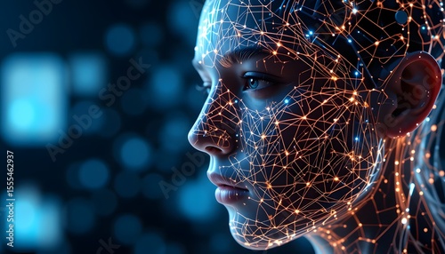 Digital Wireframe Face with Glowing Lines Replacing Human Face – AI Transformation Background