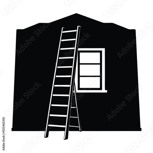 Simple graphic design of a black ladder leaning against a plain empty white wall suitable for advertising or banners