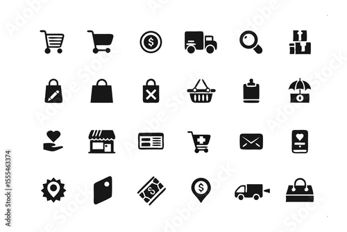 E-commerce Icon Set: A collection of crisp, clean icons perfectly tailored for any commerce related project. This set features a diverse range of symbols.