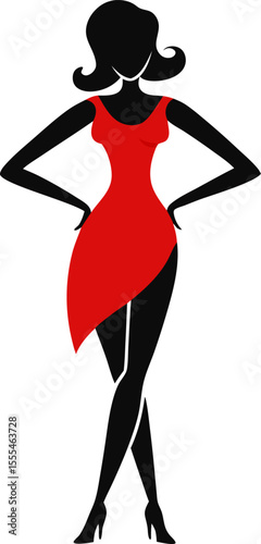 Vector silhouette of a female with one hand on hip in a cocktail dress with white background.