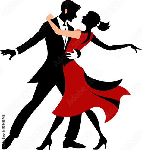 Vector silhouette of a couple dancing tango in elegant pose with white background.