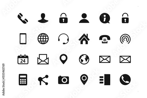 Icon Set: A minimalistic array of essential digital icons, symbolizing diverse technological and communication elements, presented in a clean, easily recognizable form.