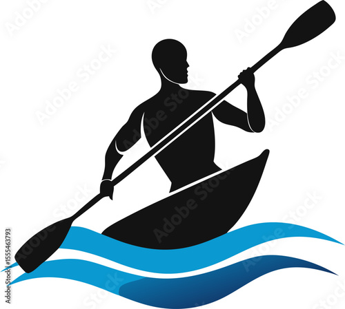 Vector silhouette of a man kayaking with paddle overhead with white background.