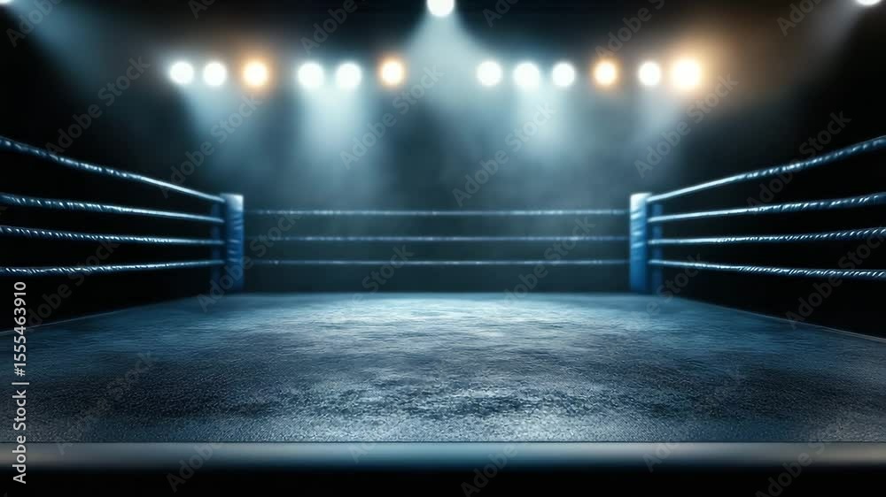 Empty boxing ring in sports arena with spotlight shining on textured floor, creating dramatic atmosphere for martial arts training, combat fighting, and intense competition gym event