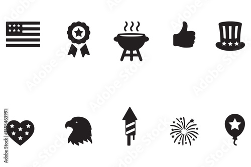 4th of July Objects and Eagle head Icon vector silhouette on white background