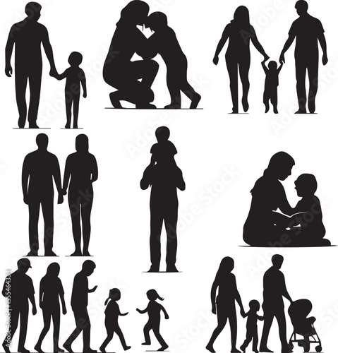 Realistic Family Silhouettes of Parents with Children – Walking, Hugging, Playing Together