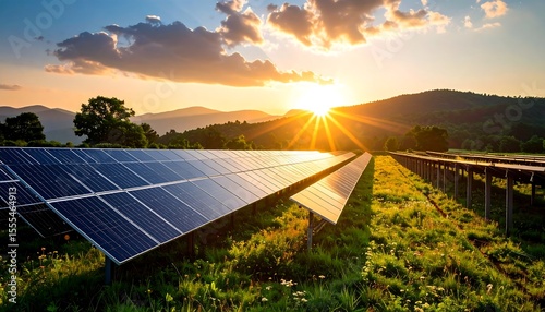 Solar panels at sunset Renewable energy source in a scenic landscape.