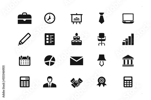Business Icon Set: A comprehensive collection of 20 essential business icons,  representing key aspects of corporate life, designed in a simple and modern style.