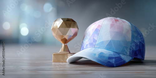 Polygonal trophy and colorful cap on wooden surface with soft bokeh background, creative design and reflective texture