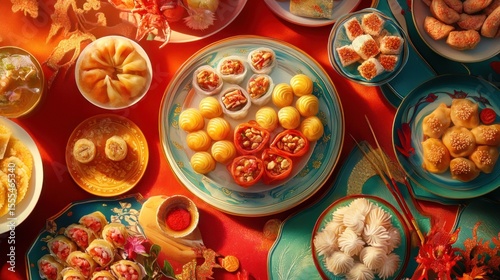 Colorful array of Asian pastries and dim sum on a red table