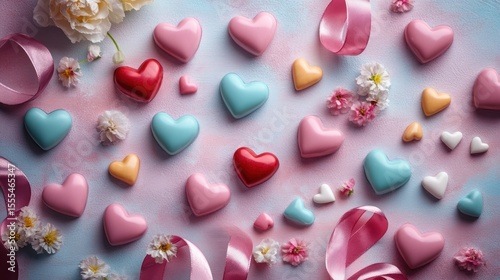 Colorful heart-shaped candies with flowers and ribbon on a pastel background