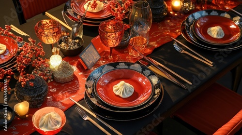 Festive table setting with red and black tableware, dumplings, and greenery