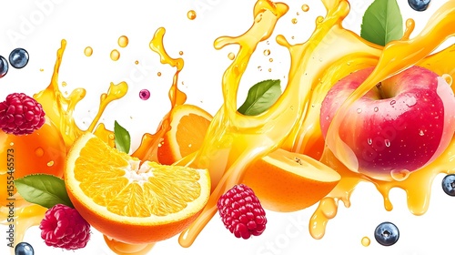 Fresh Fruits With Juice Splash Apple Orange Raspberry Blueberry Refreshing Concept