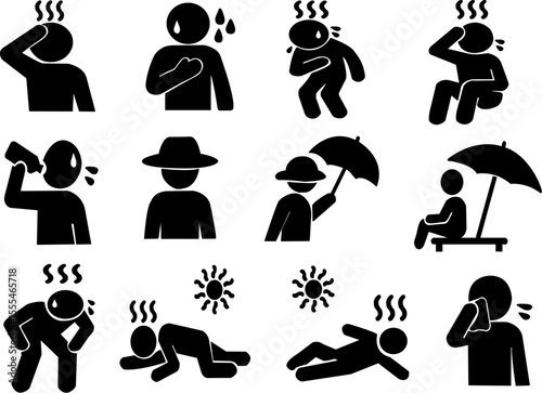 熱中症予防と症状を示す黒色シルエットピクトグラムセット｜熱中症,予防,症状
