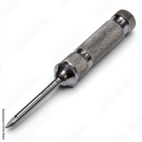 Close up of a metal automatic center punch tool with a knurled grip and pointed tip isolated on a white background