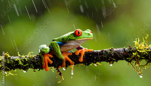 A vibrant frog perched on a mossy branch in the rain, showcasing vivid colors against a blurred green background