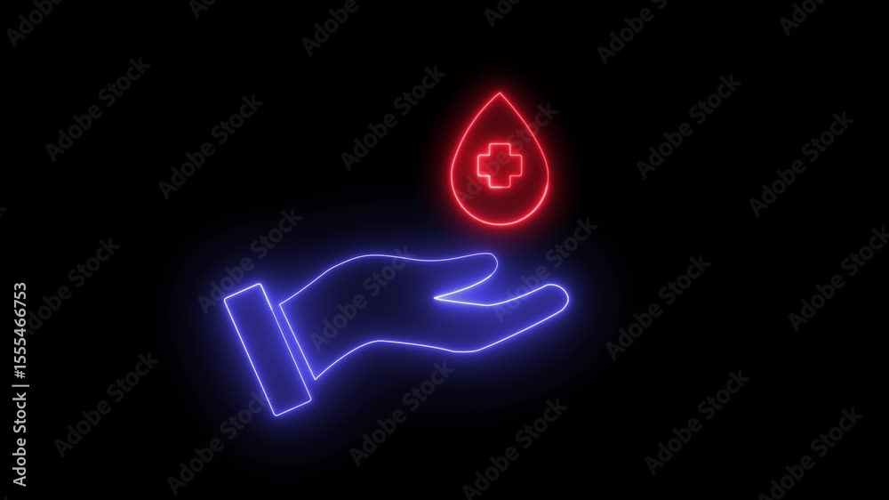 Neon light effect animation of a hand holding a drop of blood. Blood donation concept.