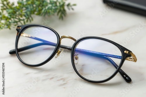 Stylish black and gold framed eyeglasses with clear lenses resting on a white marble surface with a blurred green plant in the background