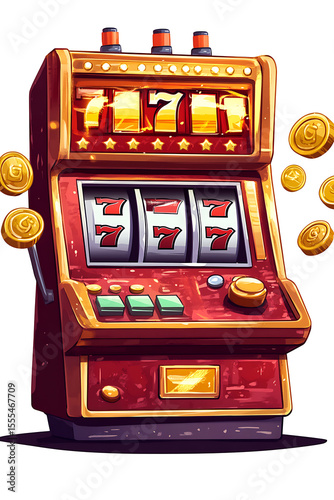 Colorful cartoon slot machine with spinning reels, coins flying, and vibrant casino atmosphere