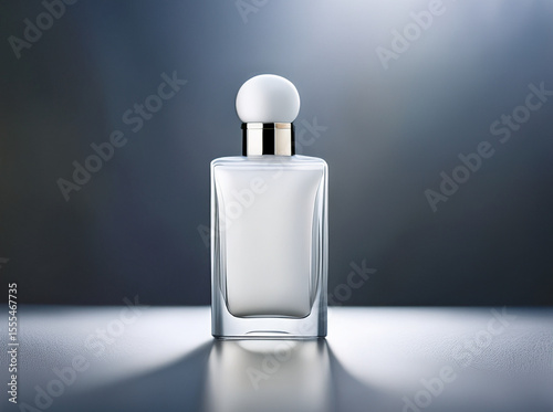 White glass perfume bottle with metallic cap placed on a smooth light surface, minimalist gray gradient background and soft shadows.
