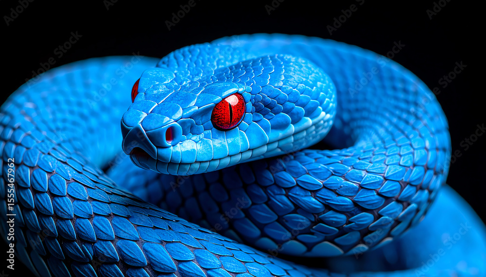 Fototapeta premium A striking blue snake with vibrant red eyes, coiled elegantly against a dark background, showcasing its intricate scales and unique coloration