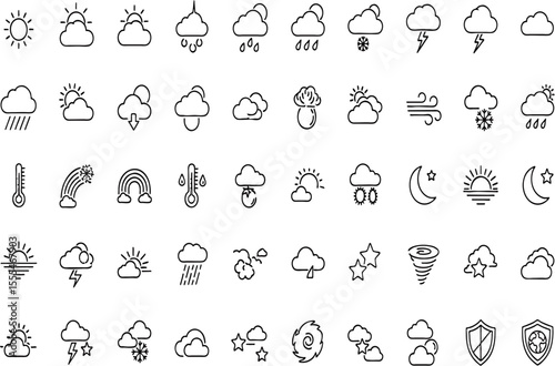 A collection of weather icons depicting various conditions such as sun, clouds, rain, snow, wind, storms, and rainbows.
