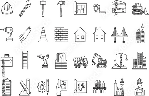 A collection of outlined icons depicting construction, architecture, and building-related tools and elements.