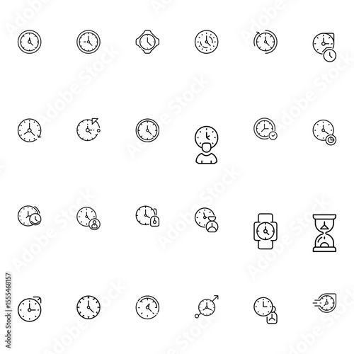 Time Management Icons: Minimalist Line Art Clock and Watch Symbols for Business, Productivity, and Scheduling Concepts.