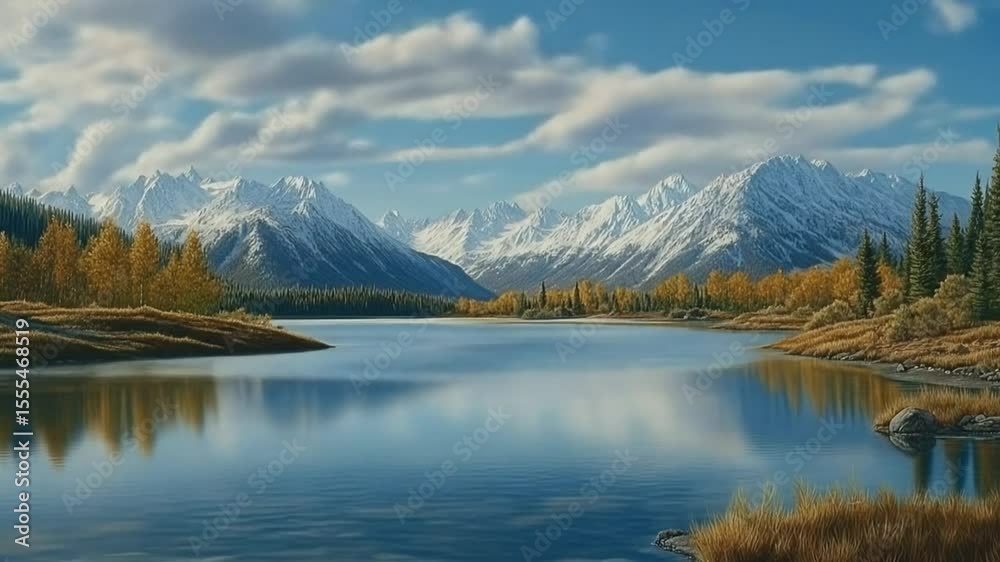 Serene lake mirroring snowcapped mountains beneath cloudy skies