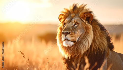 Majestic lion basking in golden sunlight, exuding strength and grace in a serene natural setting