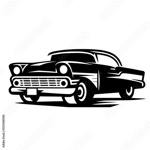 Black and white silhouette vector of a Vintage car on white background