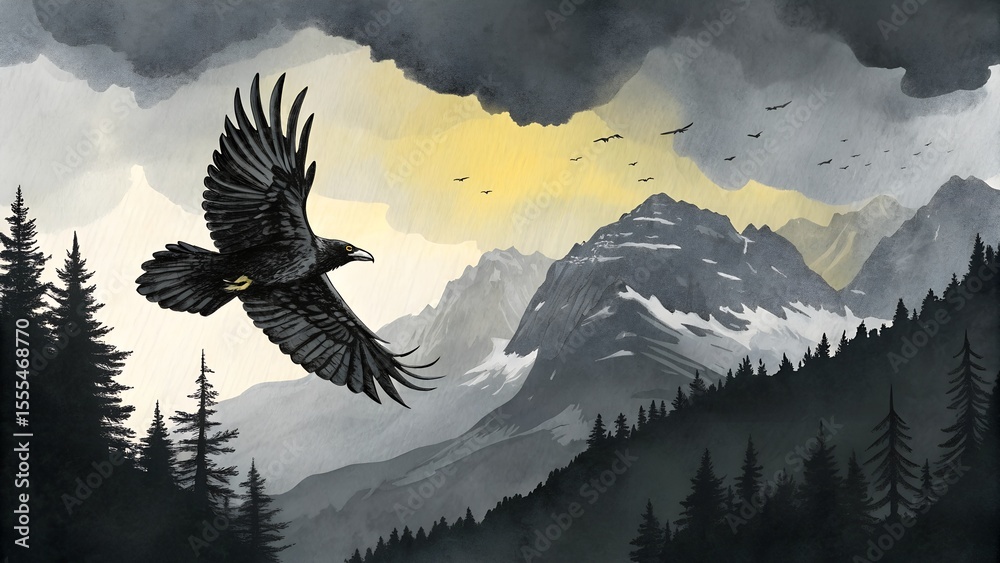 Fototapeta premium Dark raven over haunted village