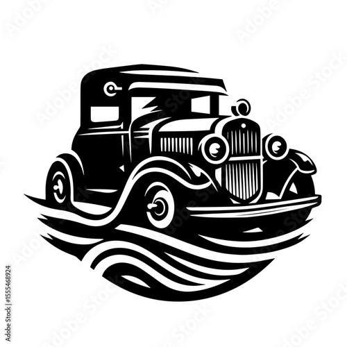Black and white silhouette vector of a Vintage car on white background