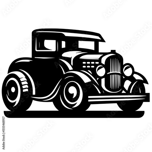 Black and white silhouette vector of a Vintage car on white background