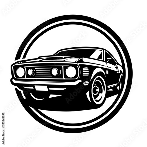 Black and white silhouette vector of a retro car on white background