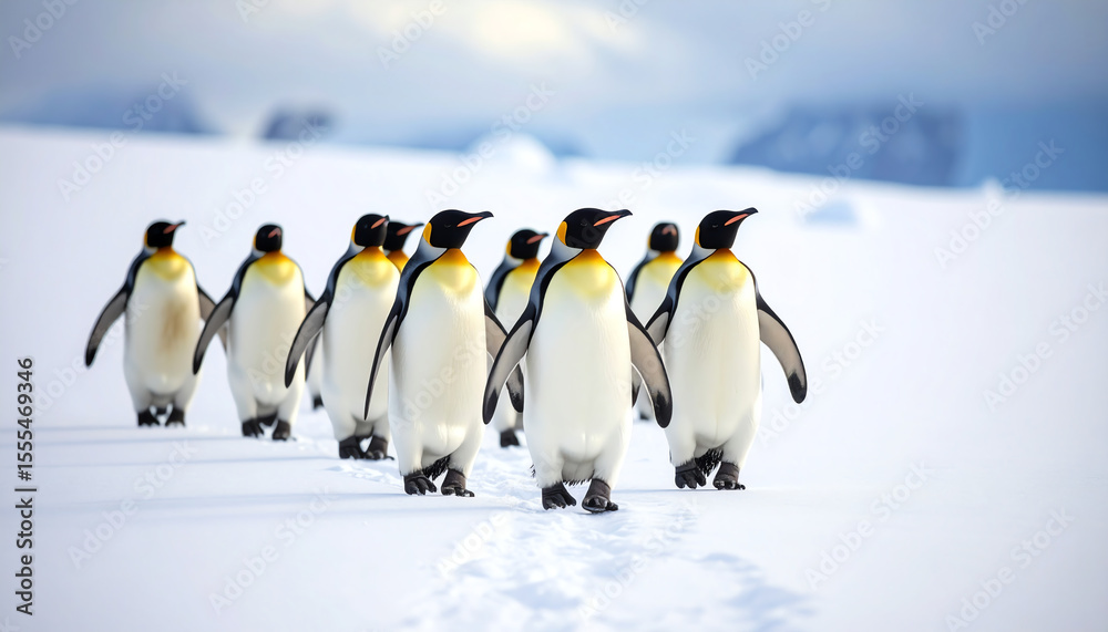 Fototapeta premium A group of emperor penguins walking across a snowy landscape, showcasing their distinctive black and white plumage against a serene backdrop