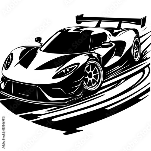 Black and white silhouette vector of a sports car on white background