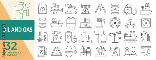 Oil and Gas web icons  Editable stroke line style.oil well, gas pump, energy, barrel, Fuel, gas station, refinery, petroleum,  more.Vector illustration